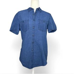 💜 Wallace & Barnes Classic Linen Navy Blue Short Sleeve Button Down (XS)